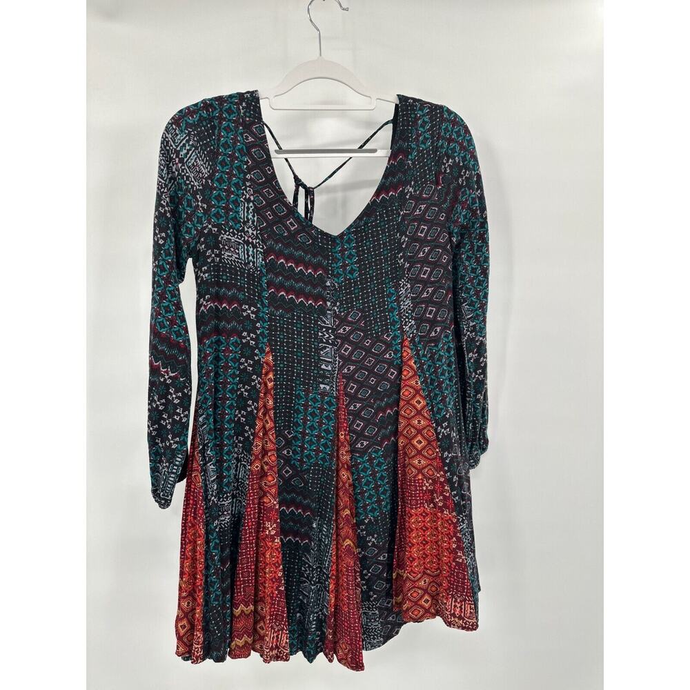 Boho Festival Mini Dress Small Magnolia South Patchwork Vacation Deep‎ V